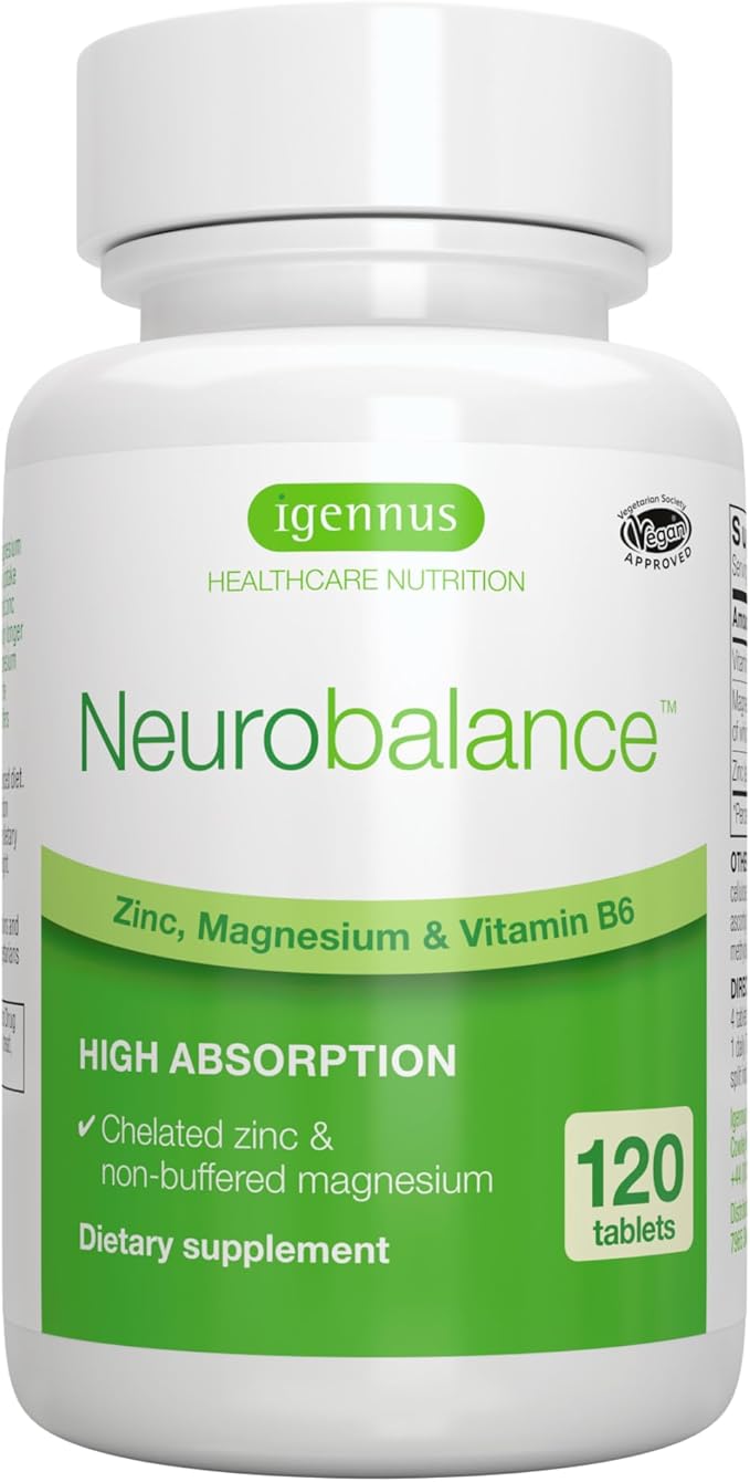 Igennus Neurobalance Zinc Magnesium & B6 Complex Formulated for Cognitive Support, Calm Focus & Relaxation, 120 Small Tablets, High Absorption Chelated Zinc & Fully Reacted Magnesium, Vegan, Non-GMO