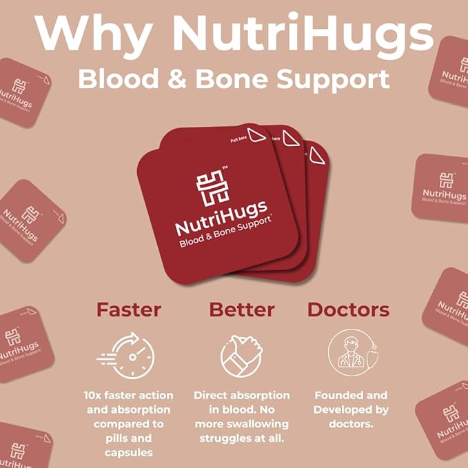 NutriHugs Blood and Bone Support - Iron, Folate, Vitamin D3 and K2 - Fast-Dissolving Oral Thin Film Strips - Non-Constipating Iron - Vegan, Sugar-Free, Non-GMO - 30 Strips