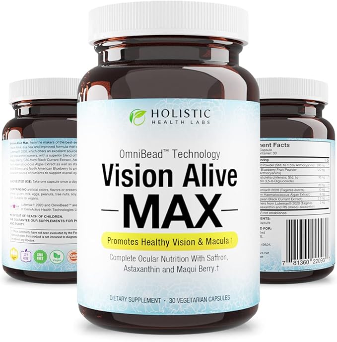 Holistic Health Labs Vision Alive Max with 8 Natural Ingredients Lutemax® 2020, Bilberries, Blueberries, c3g from Black Currant, Maqui Berry, Saffron, and Astaxanthin (30 Count (Pack of 1))
