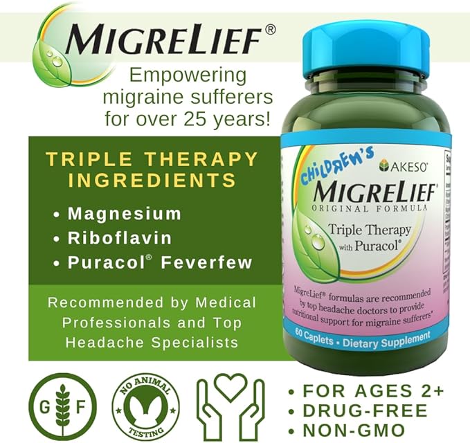 Children's MigreLief® - Triple Therapy with Puracol™ - Nutritional Support for Pediatric Migraine Sufferers - 60 Caplets/1 Month Supply