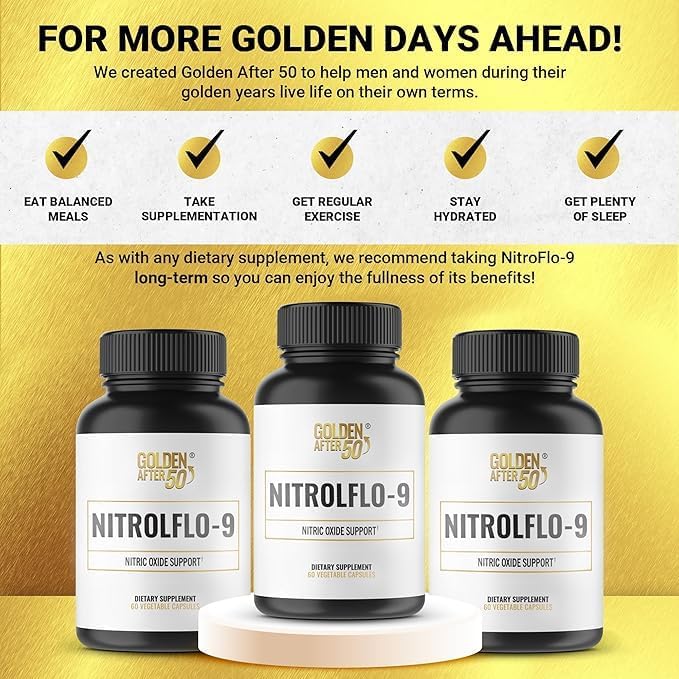 Golden After 50 NitrolFlo-9 - Nature-Powered Nitric Oxide Supplement with Pomegranate Extract, Grape Seed, and S7 - Supports Nutrient Circulation and Optimal Energy - 3 Bottles