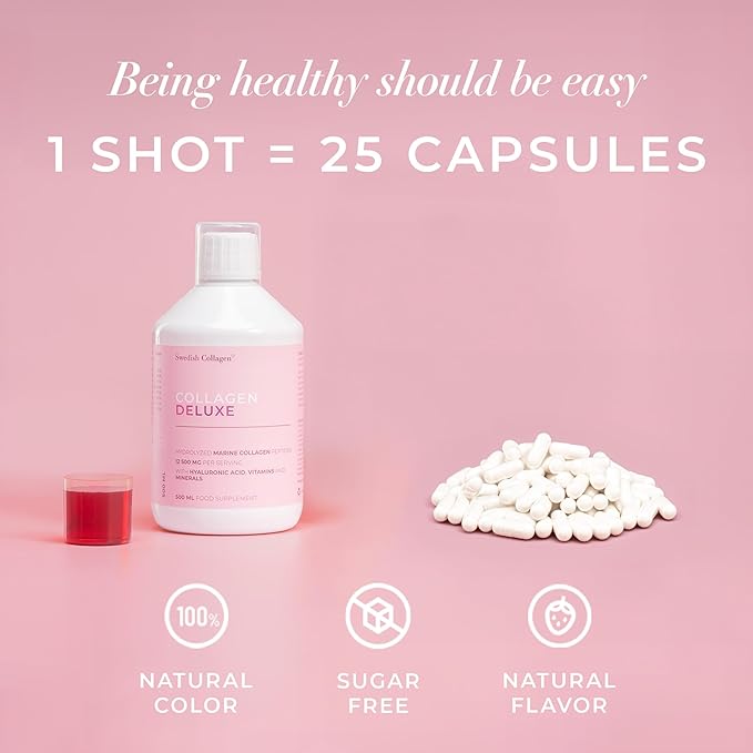 Swedish Collagen Deluxe | 12,500 mg Hydrolyzed Marine Collagen Liquid Supplement - 500 ml, 20 Day Supply | Hyaluronic Acid, Biotin and Vitamin C for Healthy Hair, Skin, Nails and Joints | Sugar-Free