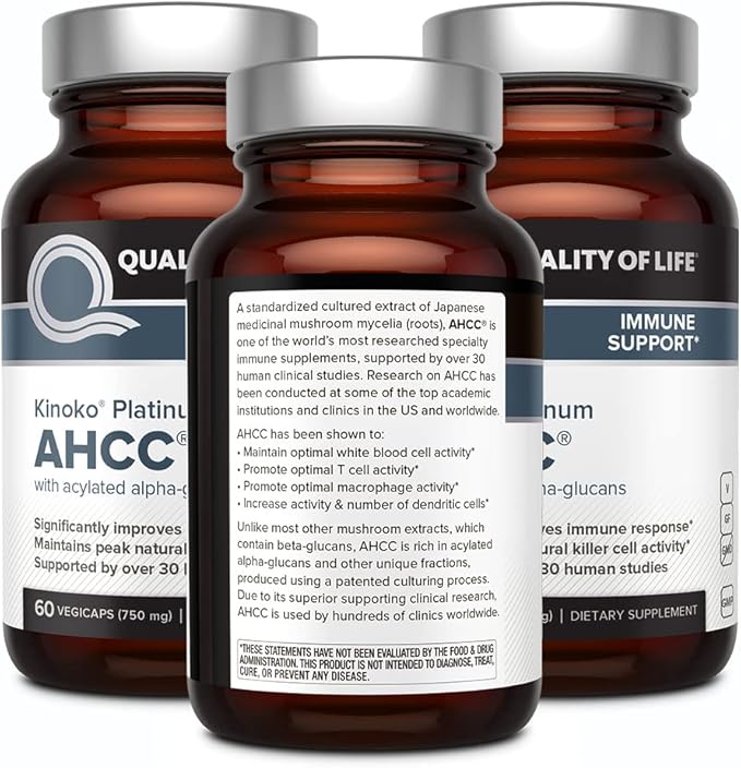 Quality of Life AHCC Kinoko Platinum 750 mg – Premium Immune Support Supplement, Pack of 3-60 Count Bottles