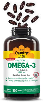 Country Life Omega-3 Fish Oil Supplement, 1000mg, 180mg EPA & 120mg DHA, Fish Oil Concentrate, Burpless, 300 Softgels, Certified Gluten Free