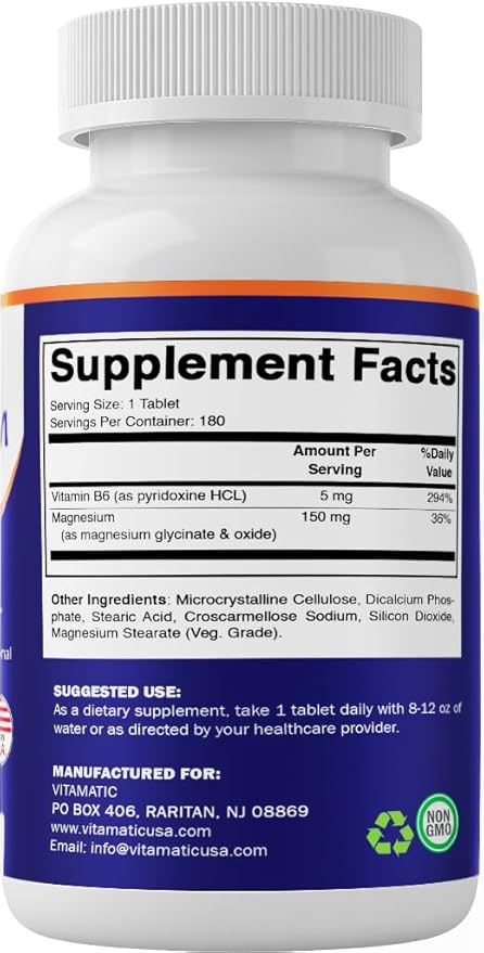 Vitamatic Magnesium with B6-180 Vegetarian Tablets (Uncoated) - Added B6 for Maximum Absorption - Supports Muscle, Joint, and Heart Health - 2 Pack