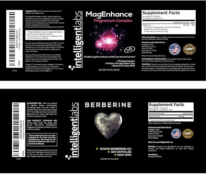 Intelligent Labs 2-in-1 Bundle of MagEnhance Magnesium Supplement (Magnesium L-Threonate Complex with Mg Glycinate and Mg Taurate) and Max Strength Berberine 500MG Capsules