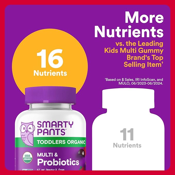 SmartyPants Organic Toddler Multivitamin Gummies: Probiotics,Omega 3 (ALA),Vitamin D3,C,Vitamin B12,B6,A,K&Zinc,Beta Carotene,Gluten Free,Three Fruit Flavors, (30 Day Supply),60 Count (Pack of 2)
