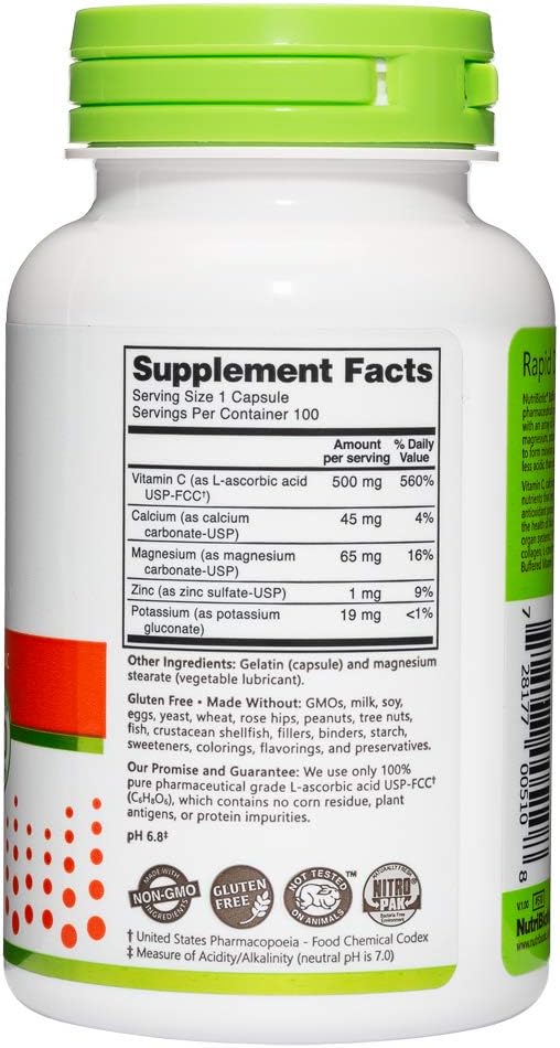 NutriBiotic Buffered Vitamin C, 500 Mg, 100 Caps | Pharmaceutical Grade Vitamin C with Calcium, Magnesium, Potassium, and Zinc | Antioxidant & Collagen Support | Non-GMO & Gluten Free