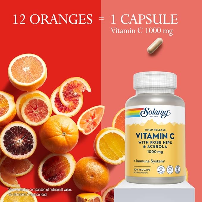 SOLARAY Vitamin C 1000mg - Time Release Vitamin C Capsules w/Rose HIPS and Acerola for Bioflavonoid Support - Two-Stage, All-Day Immune Support - Vegan, 60 Day Guarantee