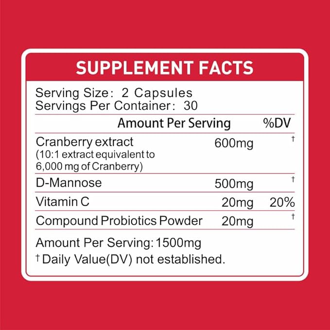 600mg Cranberry Supplement with 500mg D-Mannose, Support Normal Urinary Tract Health for Women*, Help Cleanse and Protect the Urinary Tract*, Maintain Intimate Microbial Ecological Balance*