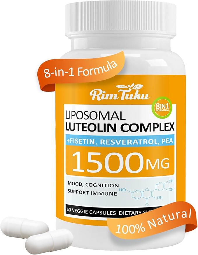 1500MG Liposomal Luteolin Supplement 8-in-1 Formula with Fisetin, Pea, Turmeric, Potent Flavonoid Absorption-Optimized Actives for Brain 60 Capsules