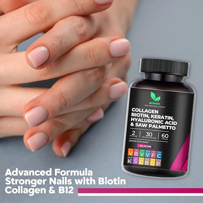 Multi Collagen Hair Pills - Biotin 10,000mcg, Keratin & Hyaluronic Acid - Hair Growth - Hair Skin & Nails Vitamins & DHT Blocker - Vitamin E Folic Acid Pumpkin Seed MSM, Saw Palmetto 60 Vegan Capsules