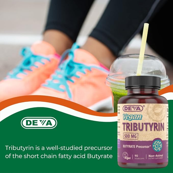 DEVA Vegan Tributyrin Supplement - Butyrate Precursor, Gut Barrier Support, Butyric Acid, 500 MG Vegan Capsules, Leaky Gut Support, Digestion, 90 Count