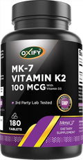 Oxify MK-7 Vitamin K2 100 mcg | 180 Tablets | Gluten-Free, Non-GMO | Supplement Made in USA