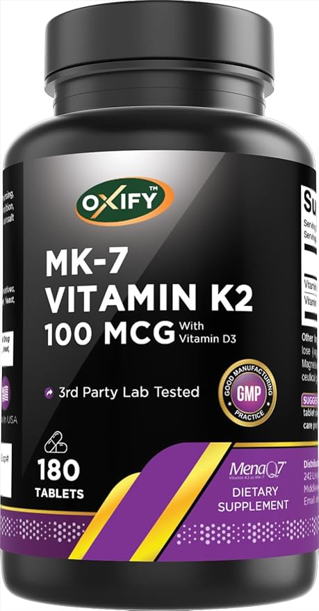 Oxify MK-7 Vitamin K2 100 mcg | 180 Tablets | Gluten-Free, Non-GMO | Supplement Made in USA