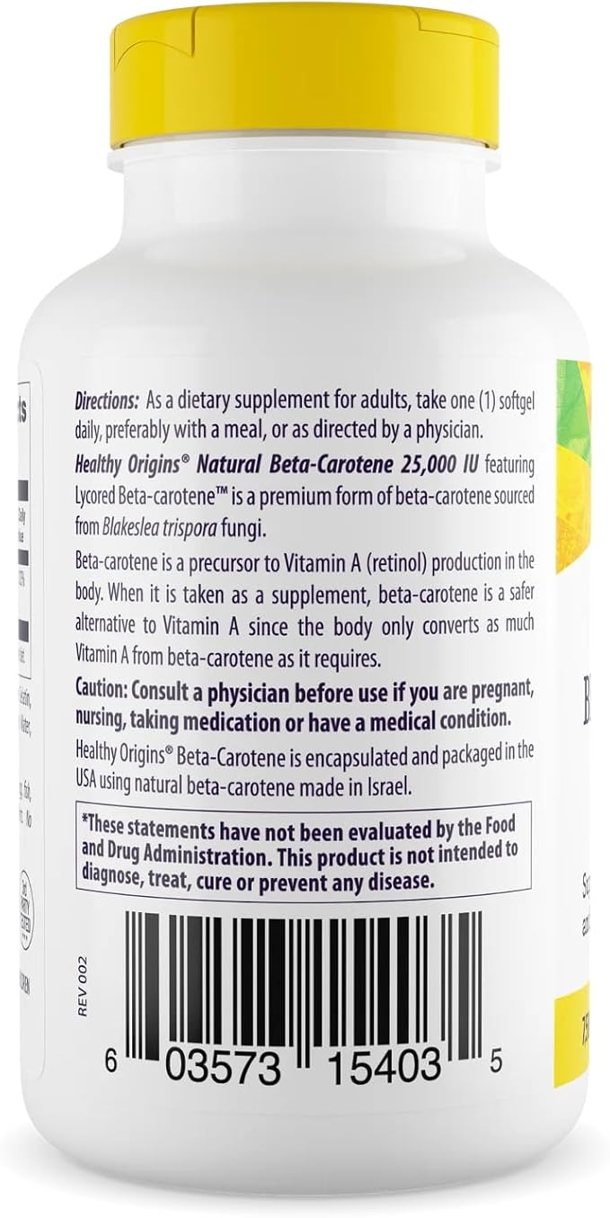 Healthy Origins Beta-Carotene 25,000 IU (7,500 mcg), Provitamin A Supplement for Antioxidant, Eye & Immune Support, 180 Softgels (6 Month Supply), Non-GMO & Gluten-Free