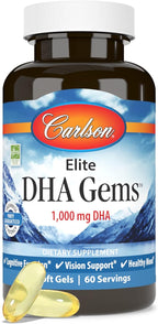 Carlson - Elite DHA Gems, 1000 mg DHA, Wild Caught, Sustainably Sourced, Brain Function & Healthy Vision, 60 Softgels