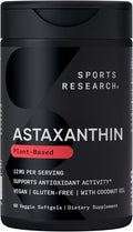 Sports Research Triple Strength Vegan Astaxanthin Supplement from Algae - Plant Based Softgels for Antioxidant Activity, Skin & Eye Health - Non-GMO Verified, Made with Coconut Oil - 12mg, 60 Count
