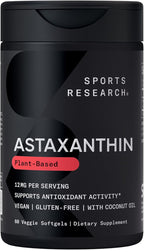 Sports Research Triple Strength Vegan Astaxanthin Supplement from Algae - Plant Based Softgels for Antioxidant Activity, Skin & Eye Health - Non-GMO Verified, Made with Coconut Oil - 12mg, 60 Count