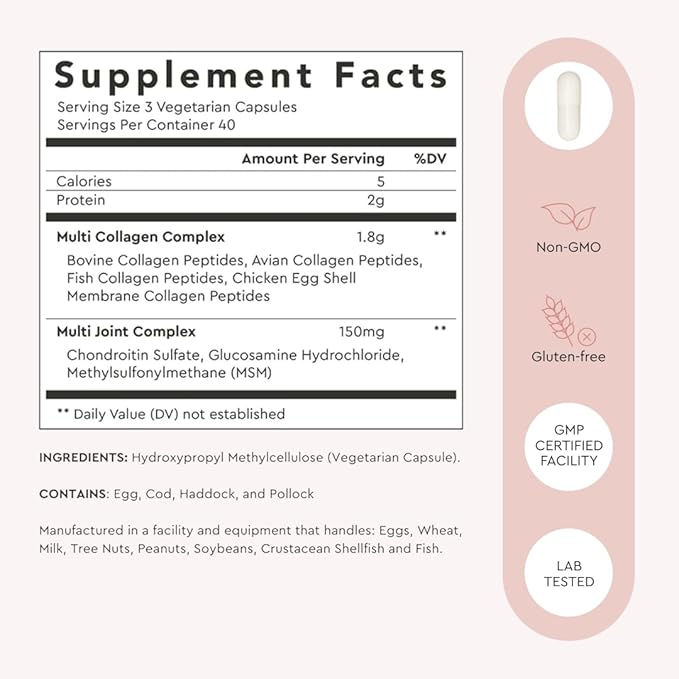 Alaya Naturals Hydrolyzed Multi Collagen Peptides Protein Capsules - Type I, II, III, V, X Grass-Fed Bovine, Chicken, Marine Collagen Supplement with MSM + GC (Capsules - 120 Count)