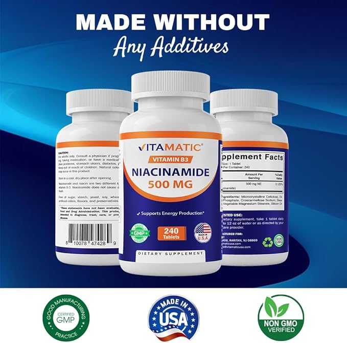 Vitamatic Niacinamide 500 mg 240 Tablets - Flush Free Vitamin B3 - Supports Energy Production (Pack of 2)