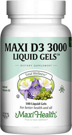Maxi Health Vitamin D3 3000 IU 75 mcg Vitamin D Supplement for Healthy Bones, Teeth, Immune Support - VIT D3 Supplement Easy to Swallow Non-GMO, Supplement for Men and Women – Kosher 180 Gels