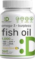 Omega-3 Fish Oil Burpless Formula from Wild Caught Deep Sea Fish, 360 Softgels | 1,000 mg Fish Oil with 180 mg EPA & 120 mg DHA per Serving | Natural Lemon Flavor | Non-GMO, cGMP Manufactured