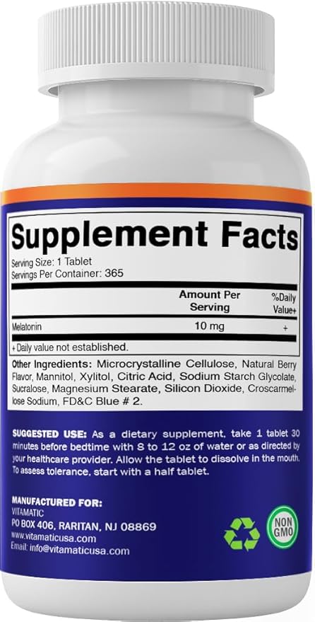 Vitamatic Melatonin 10 mg Fast Dissolve Tablets – Quick-Dissolving Sleep Support Supplement for Adults – Vegetarian, Non-GMO & Gluten-Free – Natural Berry Flavor – 365 Tablets