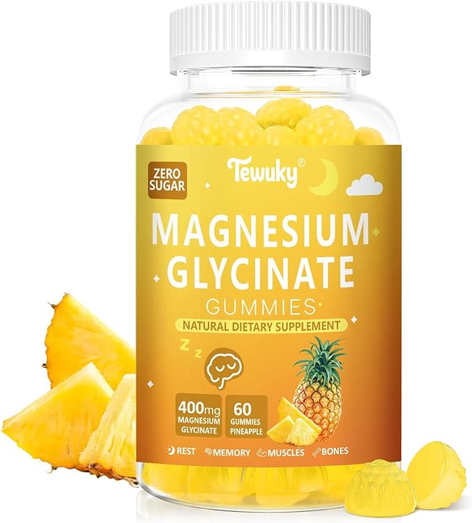 Magnesium Glycinate Gummies 400mg - Sugar Free Vegan Gummies for Adults & Kids with Vitamin D3, B6, C, CoQ10, Collagen, Zinc - Sleep, Muscle, Bone & Memory Support - 60 Pineapple Chewables