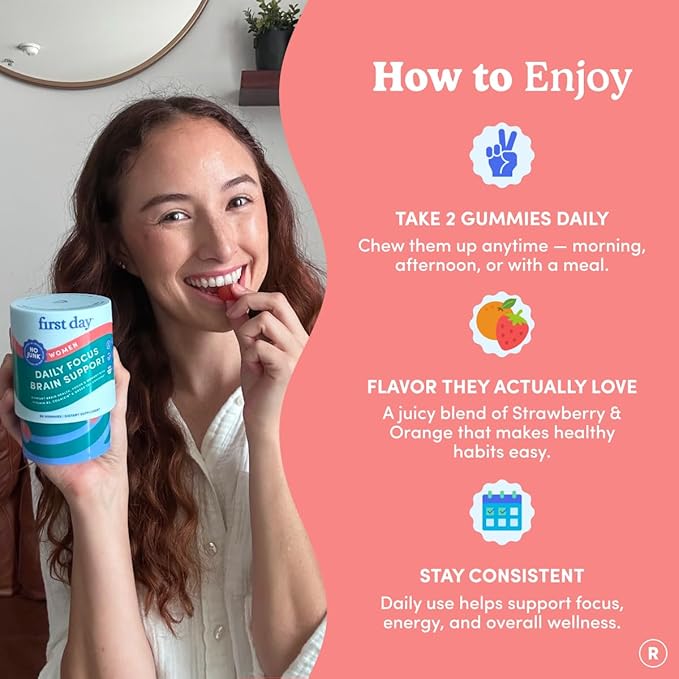 FIRST DAY Women’s Brain Gummies for Focus, Memory & Clarity | Cognizin® Citicoline + Phosphatidylserine | Natural Sustained Energy, Peach Flavor, Vegan, Non-GMO | 30-Day Supply