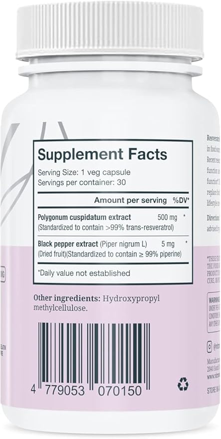 VITRUVIN Trans-Resveratrol Supplement 500mg, 3 Bottles Pack, Vegan, Non-GMO, Gluten-Free, Gelatin-Free.