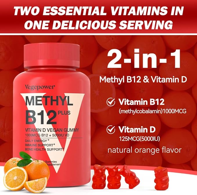 Vitamin B12 1000 mcg Gummies for Adults - Vegan Methyl B12 & D3 5000 IU Vitamin Gummy Supplements for Women - Supports Bone Health & Energy Boost - Non-GMO, Orange Flavor 180 Bears