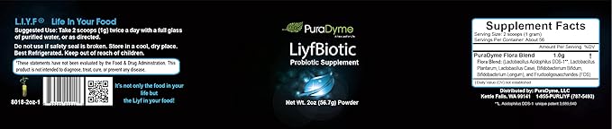 PuraDyme LiyfBiotic Probiotic Digestion and Dietary Supplement - 2 Ounce Powder. By Lou Corona