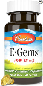 Carlson E-Gems 200 IU (134 mg), Natural-Source Vitamin E, Optimal Wellness, 90 Soft Gels