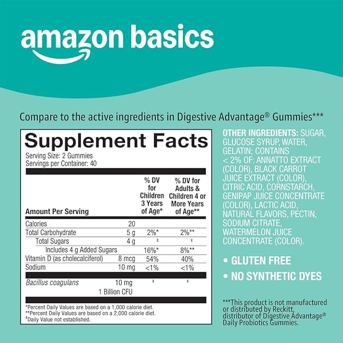 Amazon Basics Probiotic with Vitamin D Gummy, 80 Count