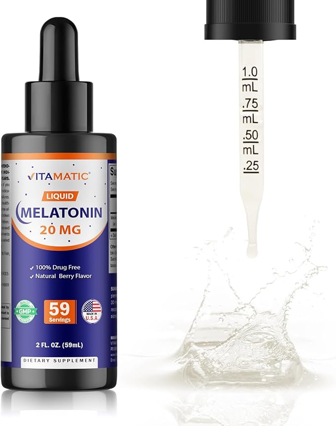 Vitamatic 2-Pack Melatonin 20mg Liquid Drops - 2 fl oz (59 ml) Each - Natural Berry Flavor - Non-GMO, Vegetarian Supplement for Adults