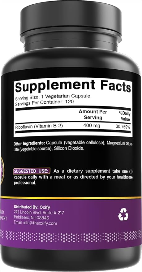 Oxify Vitamin B-2 (Riboflavin) 400 mg | 120 Vegetarian Capsules | Gluten-Free, Non-GMO | Supplement Made in USA