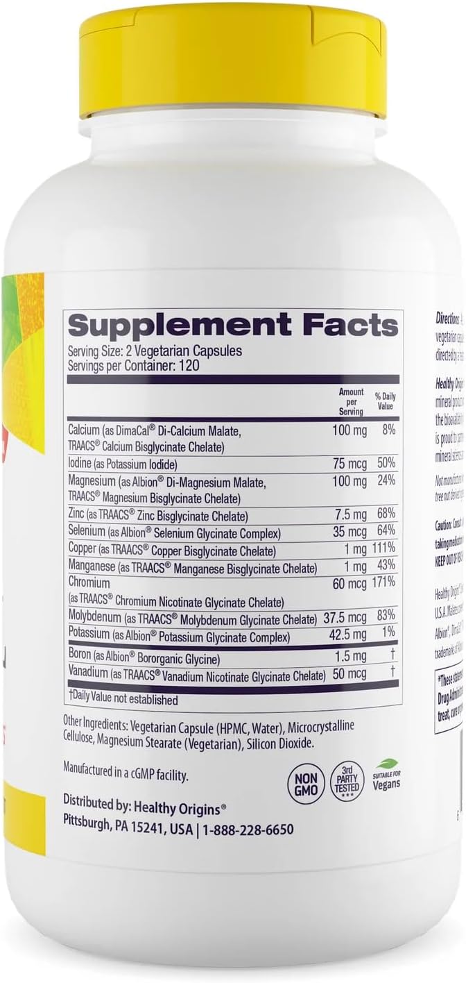 Healthy Origins Chelated Multi Mineral, 120 Veggie Capsules - Featuring Albion Minerals TRAACS High Bioavailability Complex - Supports Bone Health, Immune Function & Metabolic Wellness