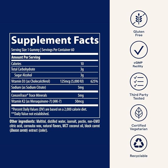 Trace Minerals Vitamin D3 + K2 Gummies - Bioavailable Vitamin Blend for Bone, Heart & Immune System Support - High-Potency - Plant-Based - Gluten-Free & Vegan - Strawberry - 60 Servings