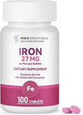 Inner Brightness Iron Supplement, Iron 27mg Iron Supplement for Women, 100 Tablets, 100 Day Supply, Daily for Adults, Red Blood Cell Support, Gentle on Stomach