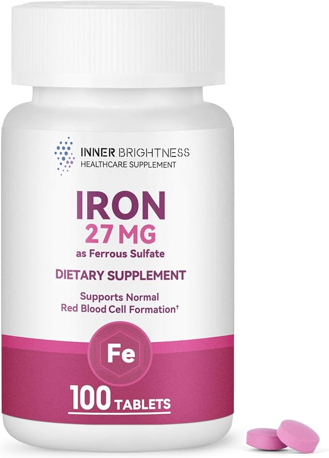 Inner Brightness Iron Supplement, Iron 27mg Iron Supplement for Women, 100 Tablets, 100 Day Supply, Daily for Adults, Red Blood Cell Support, Gentle on Stomach