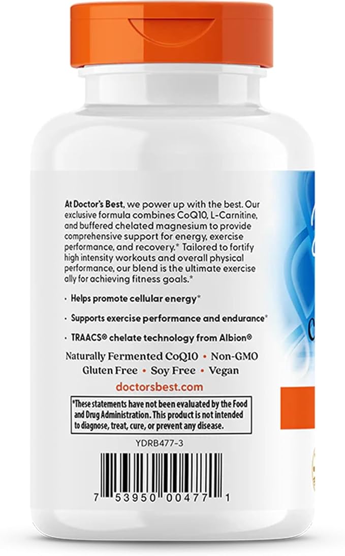 Doctor's Best CoQ10 L-Carnitine Magnesium Supplement - Energy & Exercise Support for Men & Women, Naturally Fermented Coenzyme Q10, Gluten Free, Soy Free, Vegan Formula - 90 Veg Caps