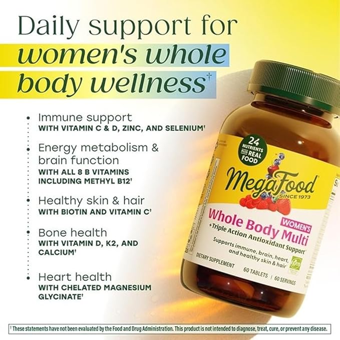MegaFood Whole Body Methylated Multivitamin for Women - Womens Multivitamin with Magnesium Glycinate, Biotin & Methylcobalamin B12 Vitamins - Daily Energy & Immune Support - 60 Tablets, 60 Servings