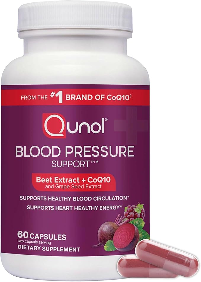 Qunol Blood Pressure Support, 3 in 1 Beets + CoQ10 + Grape Seed Extract, Beet Root Capsules that Supports Healthy Blood Circulation & Heart Healthy Energy, 60 Count (Pack of 1)