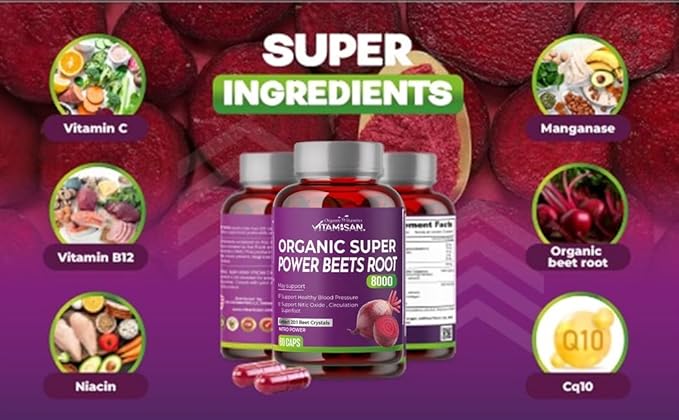 VITAMISAN Organic Super Powder Beets Root 8000 – Nitric Oxide Support with 20:1 Beet Extract, Grape Seed, Collagen & Magnesium – Non-GMO, Gluten Free Beetroot Powder Capsules