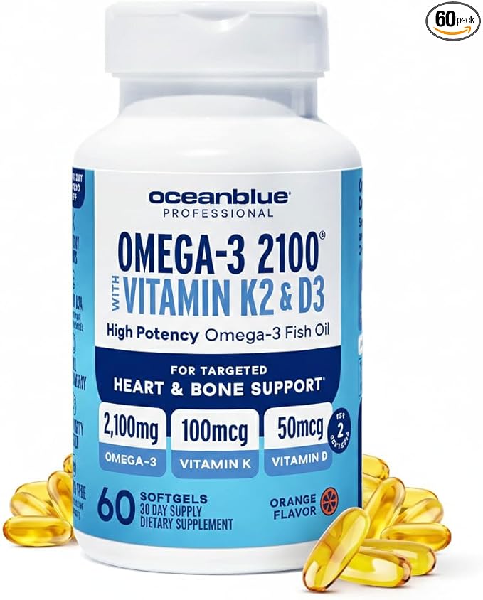 Oceanblue Professional Omega-3 2100 with Vitamin K2 and Vitamin D3-60 Count - Triple Strength Burpless Fish Oil Omega-3 Supplement with EPA, DHA & DPA - Wild Caught - Orange Flavor, 30 Servings