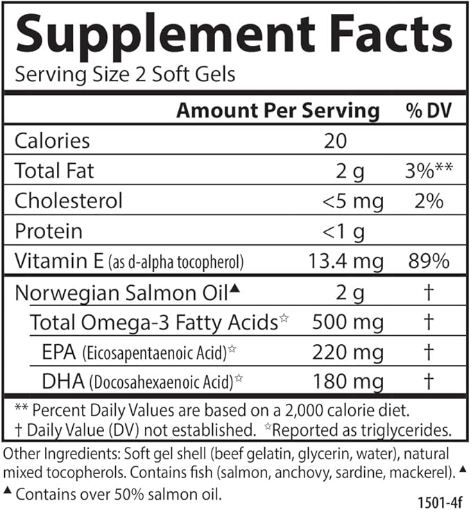 Carlson Salmon Oil, 500mg Omega-3s, Norwegian Wild-Caught Fish Oil, Sustainably Sourced, 180 Softgels