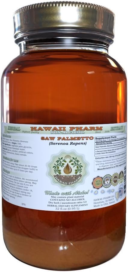 Hawaii Pharm Saw Palmetto Alcohol-Free Liquid Extract, Professional Grade, Small Batch Crafted Saw Palmetto (Serenoa Repens) Dried Berry Glycerite Natural Herbal Supplement, 32 fl.oz