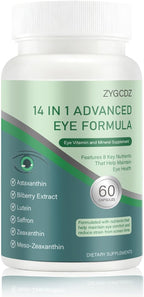 14-in-1 Advanced Eye Vitamin Supplement with Lutein, Zeaxanthin, Bilberry Extract & Zinc for Adults - Supports Vision, Macula & Blue Light Protection - 60 Capsules (01)
