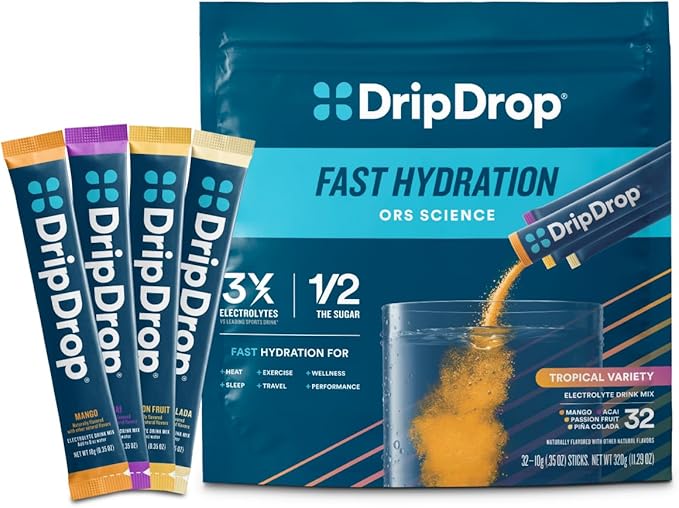 DripDrop Hydration Packets - Tropical Variety Pack - Single Serve Electrolytes Powder Drink Mix - Mango, Açaí, Passion Fruit, Piña Colada - Non-GMO, Gluten Free, Vegan - 32 Sticks